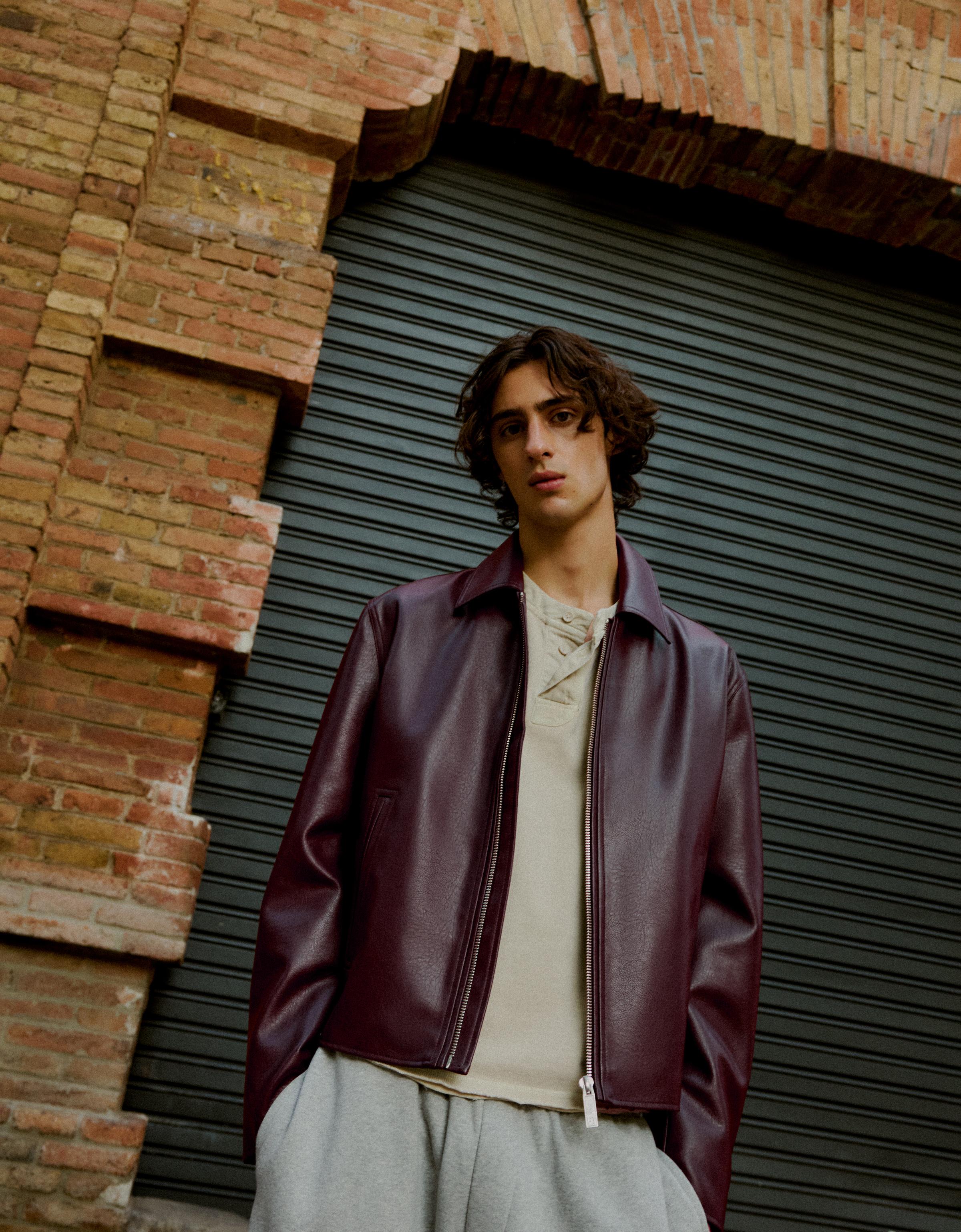 Boxy leather effect jacket — Burgundy