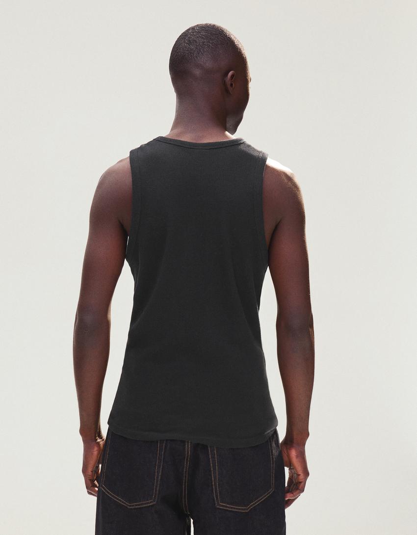 Waffle print vest top-Black