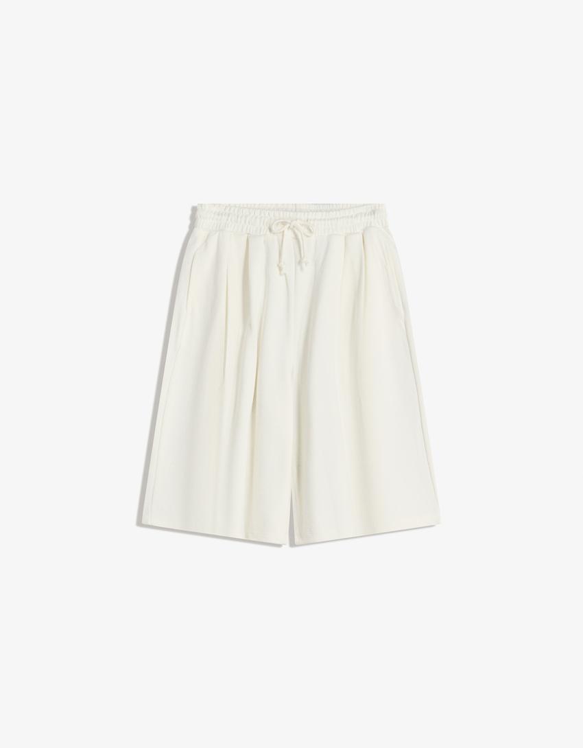 Bermuda jorts with elastic waistband-Off white-4