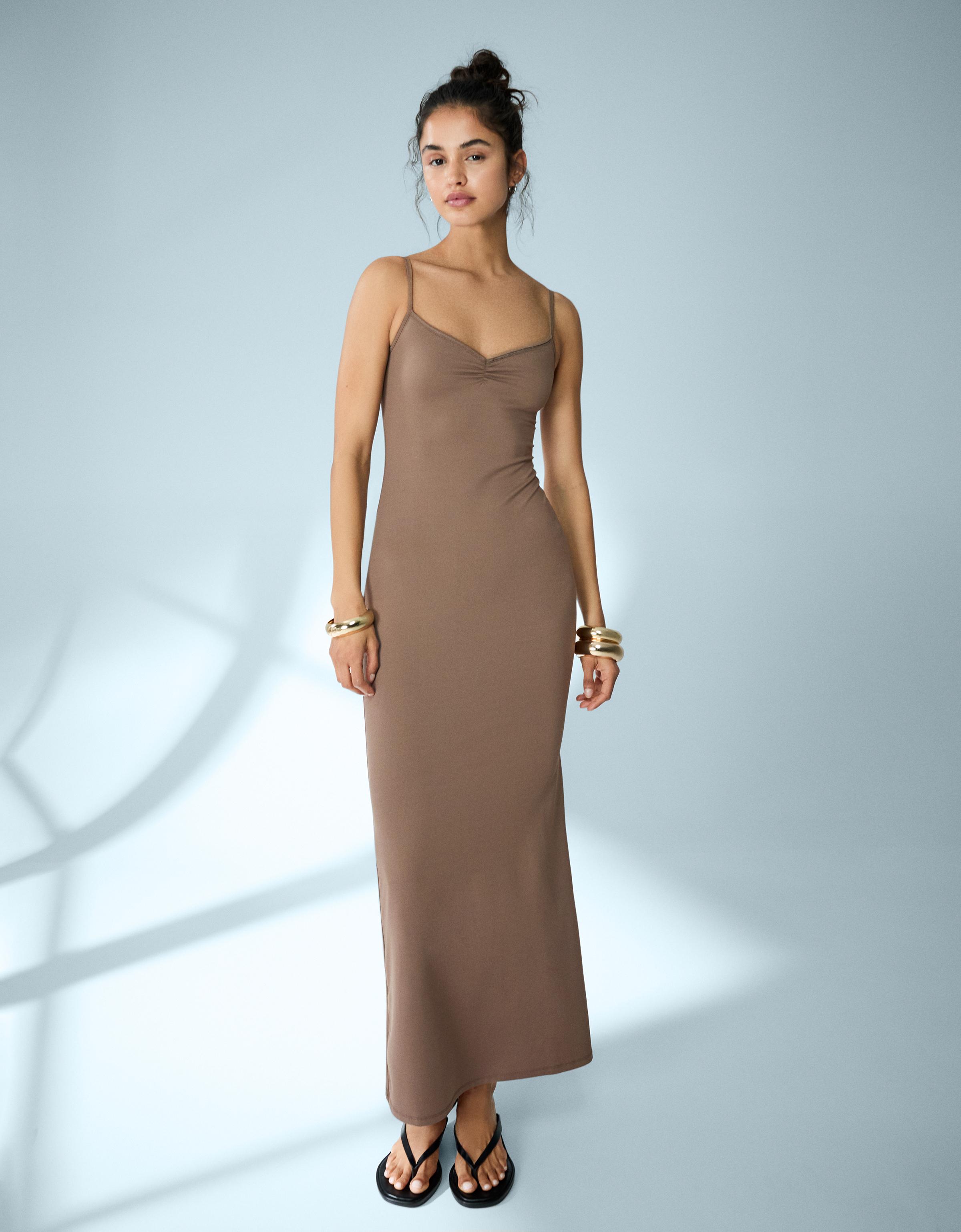 Büzgülü askılı midi elbise - Görsel 46