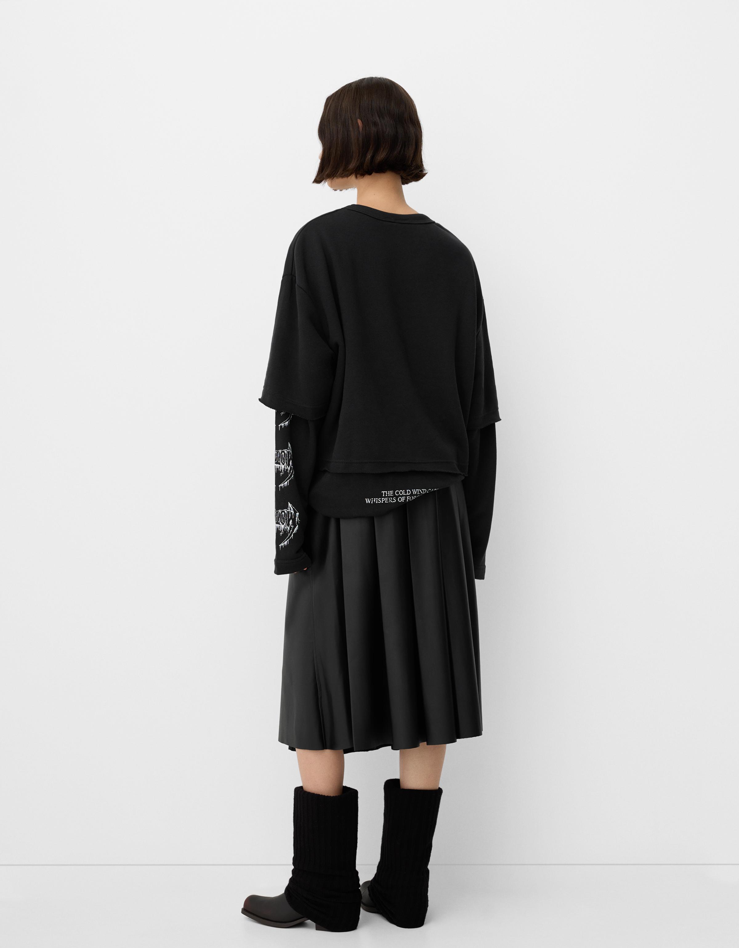 Leather effect box pleat midi skirt Women Bershka