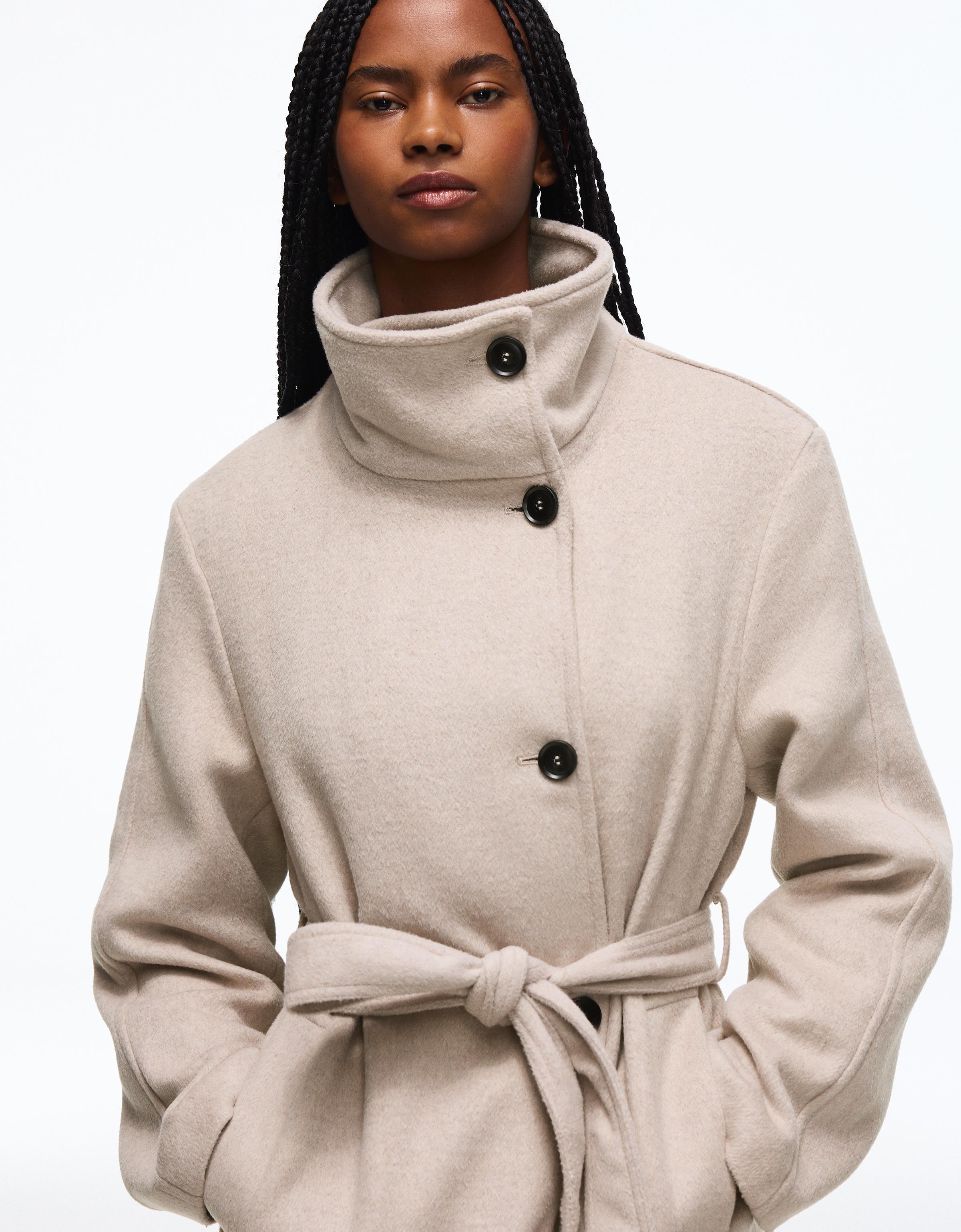 Long funnel neck coat with belt — Sand