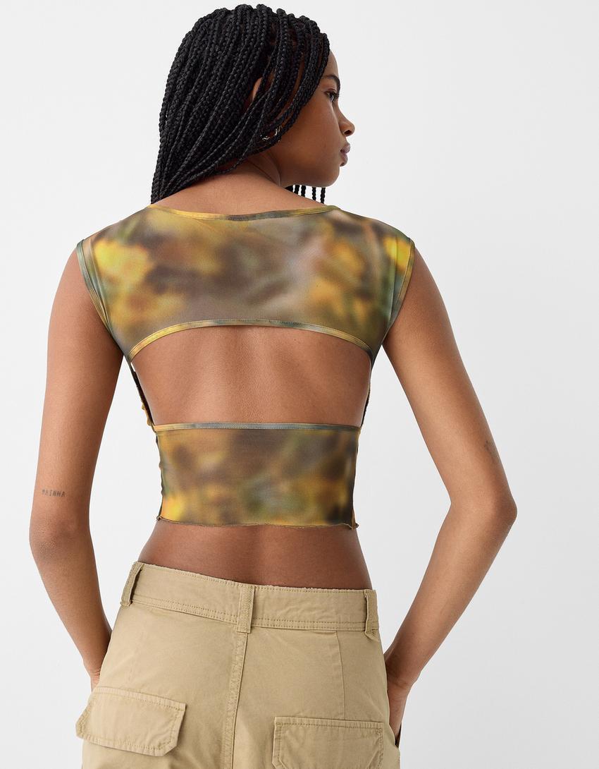 Sırt dekolteli kolsuz tül t-shirt-Sarı-2