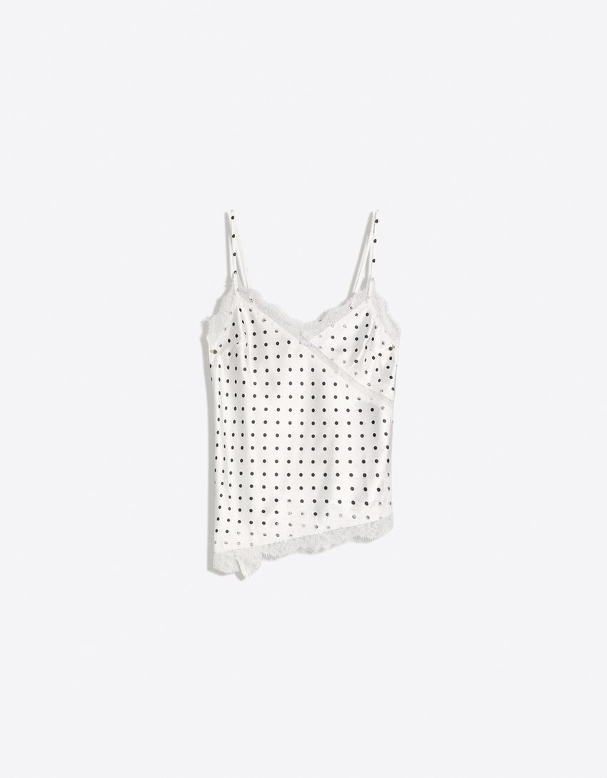 Top tirantes satén encaje asimétrico-Blanco / Negro