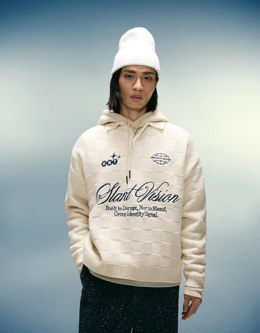 Pull col polo imprimé-Beige