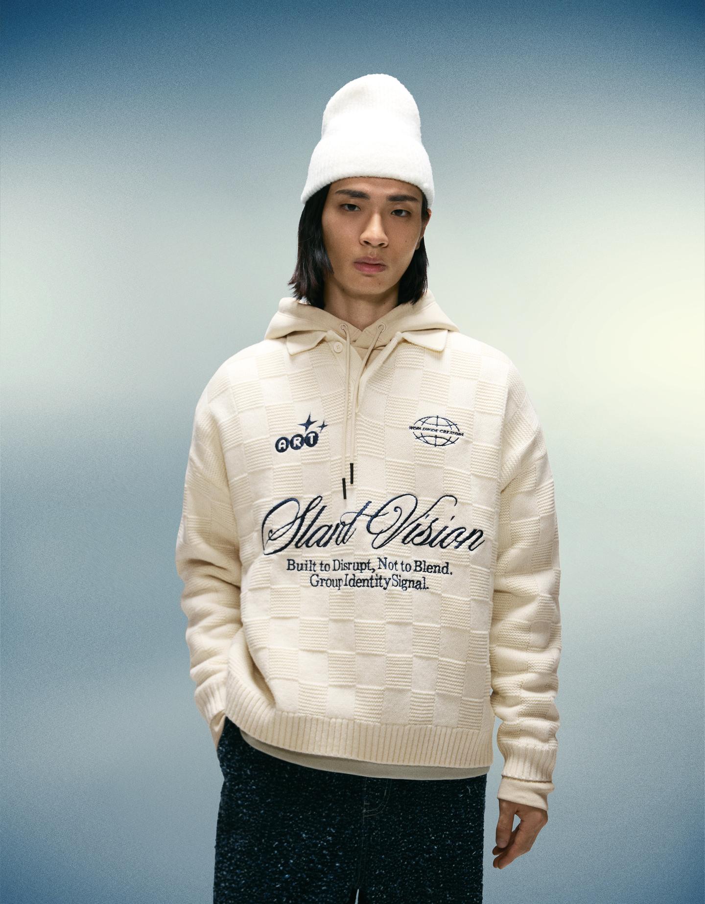 Bershka sweter z kołnierzykiem polo z nadrukiem beżowy