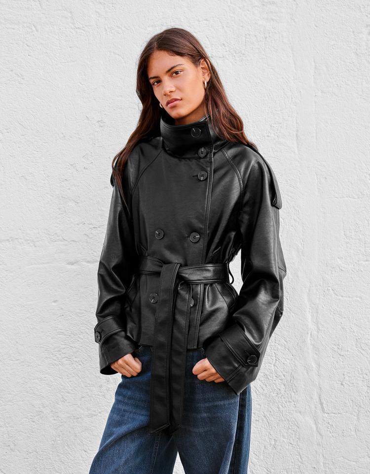 Short leather effect trench jacket — Black