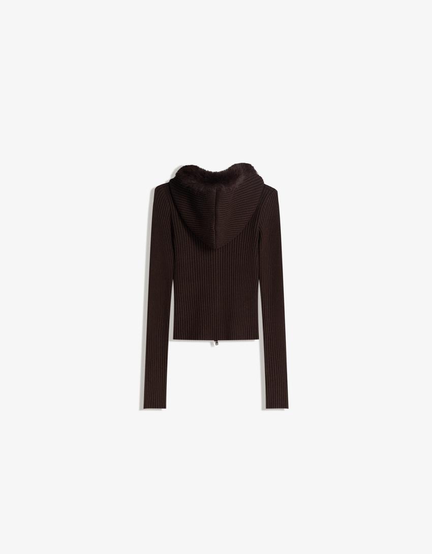 Veste en maille zippée à capuche fausse fourrure-Marron