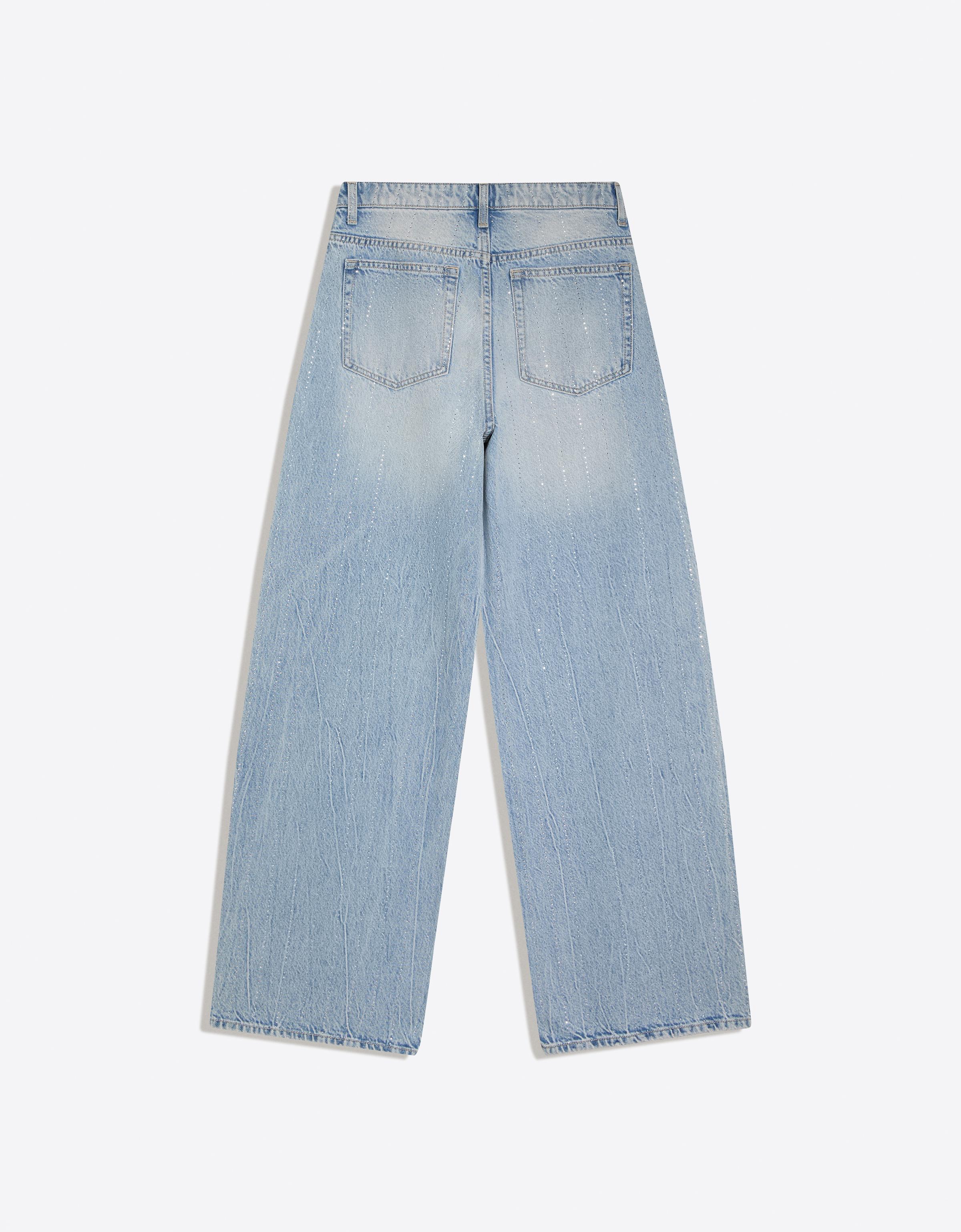 Shimmery wide-leg jeans with crossover waist — Light blue