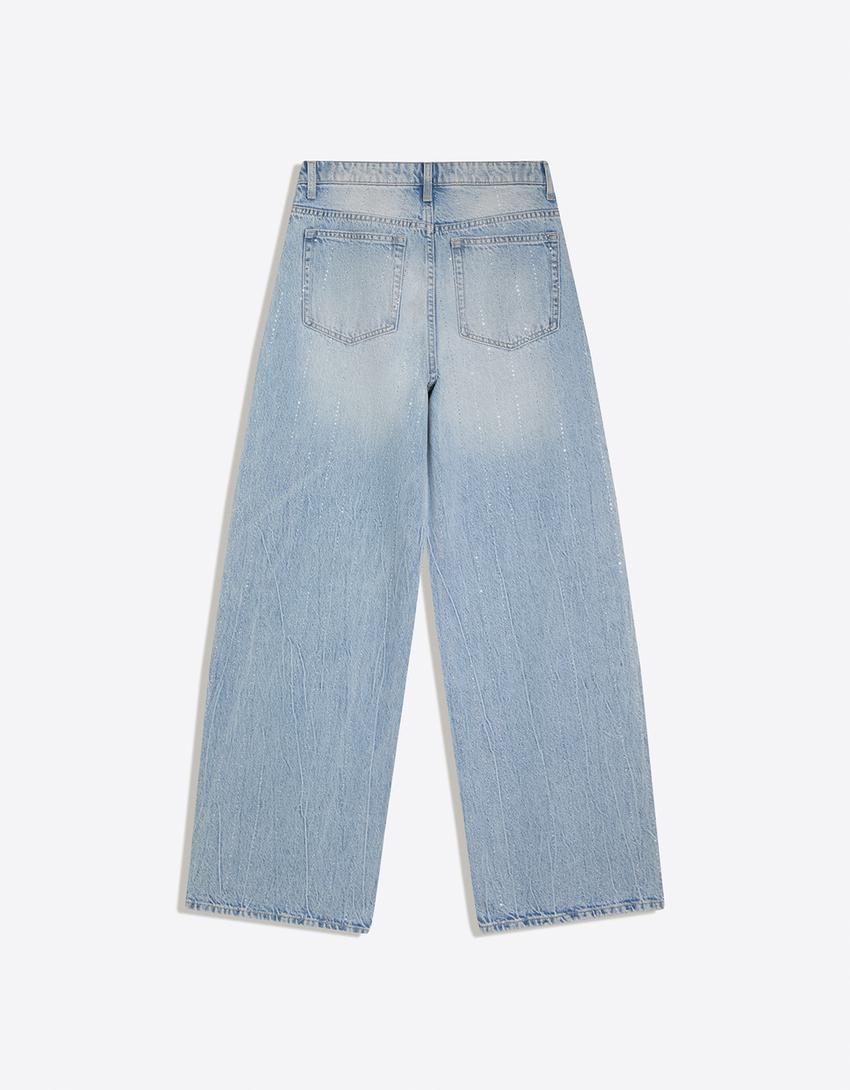 Shimmery wide-leg jeans with crossover waist-Light blue