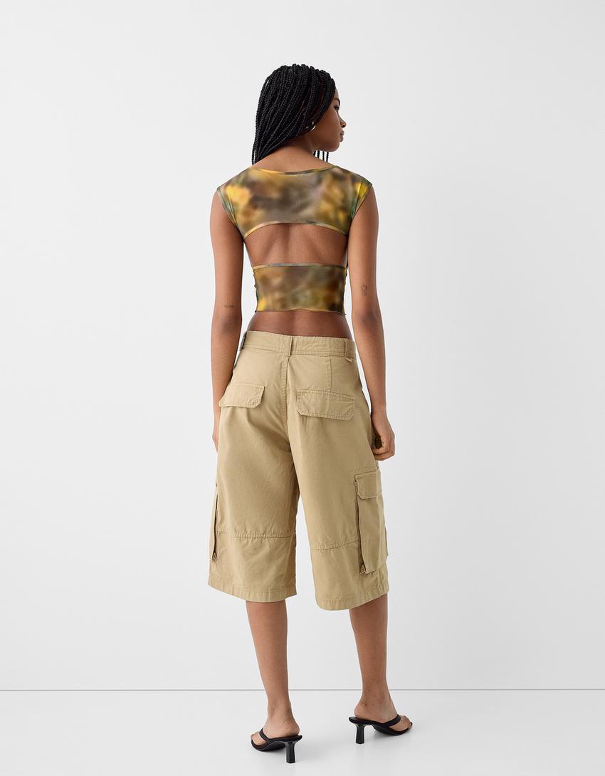 Sırt dekolteli kolsuz tül t-shirt-Sarı-1