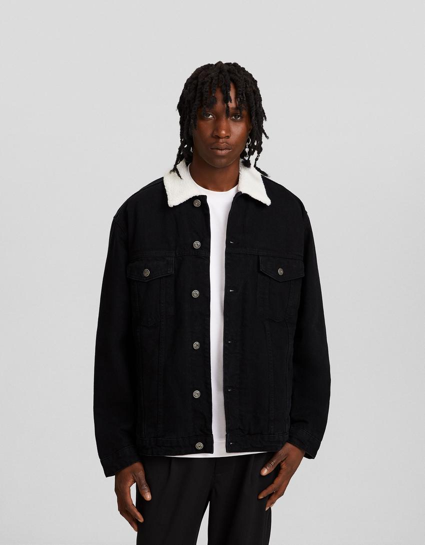 Faux shearling denim jacket-Black-0