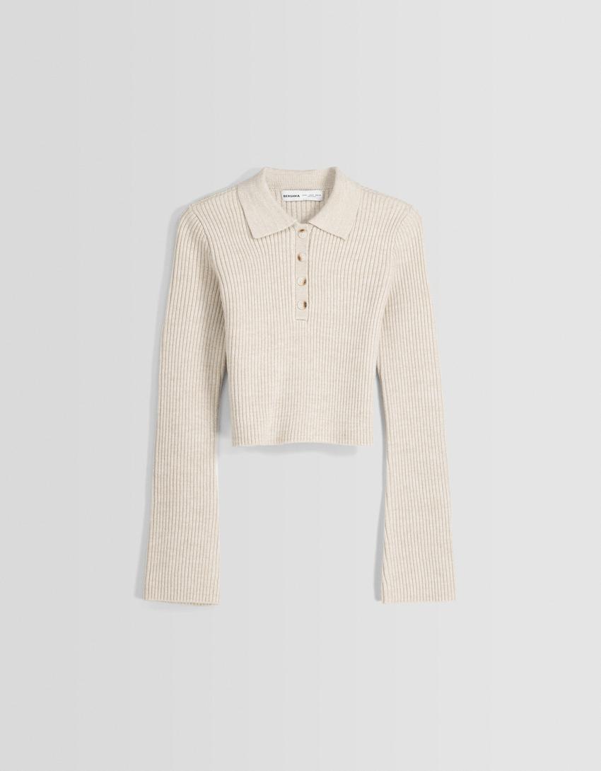 سويتر كروب بياقة بولو وأكمام طويلة وأزرار-رملي-5