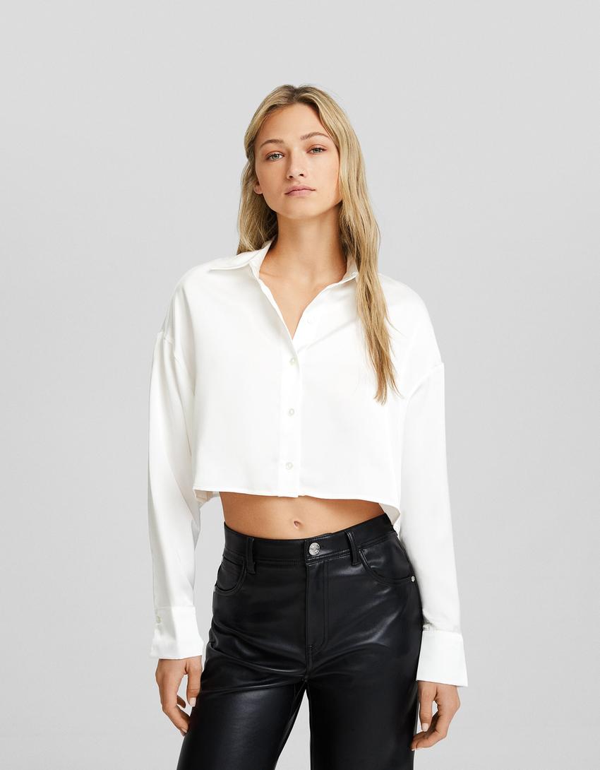 Satin long sleeve cropped shirt-Cream-0