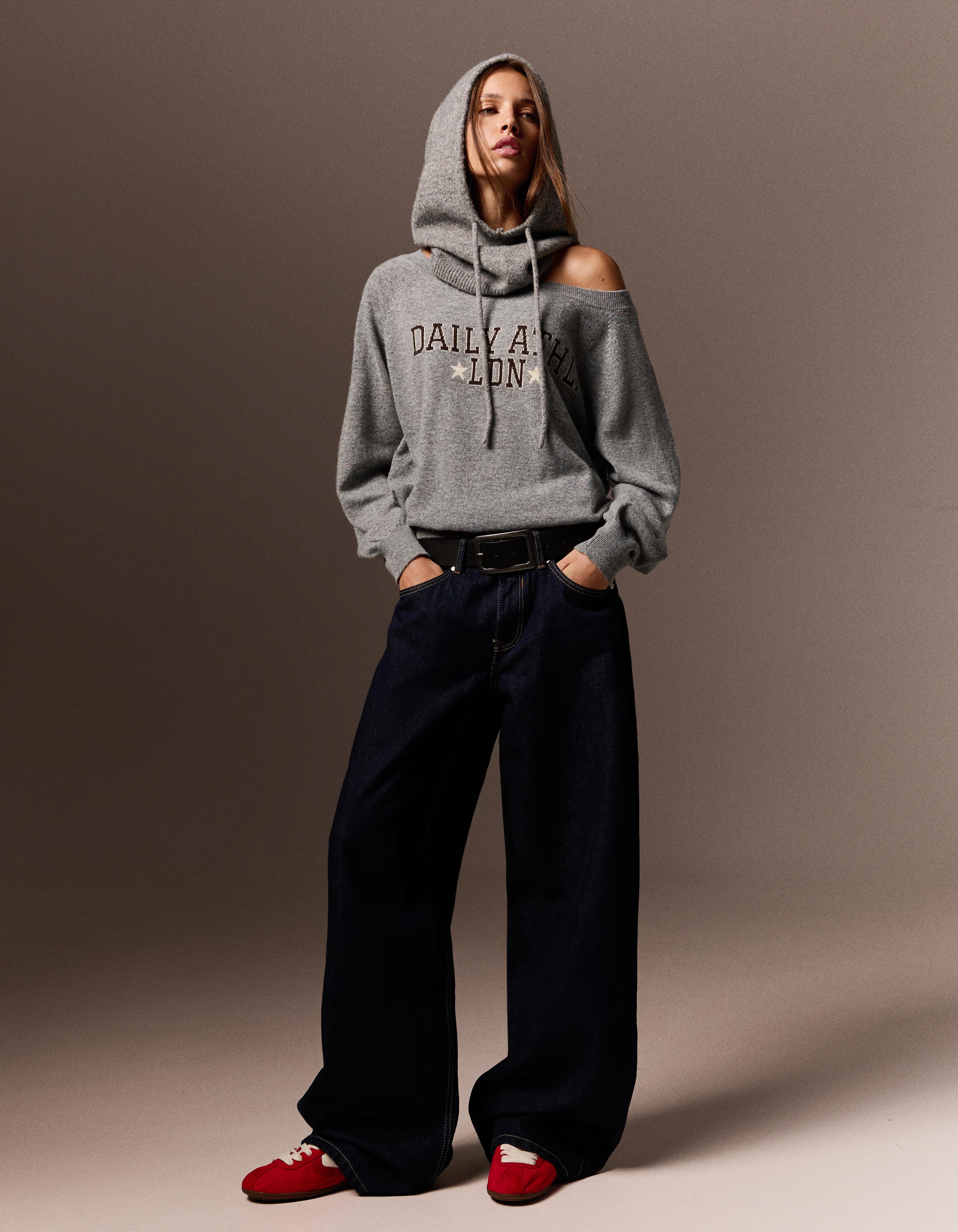 Graphic boat neck jumper — Grey