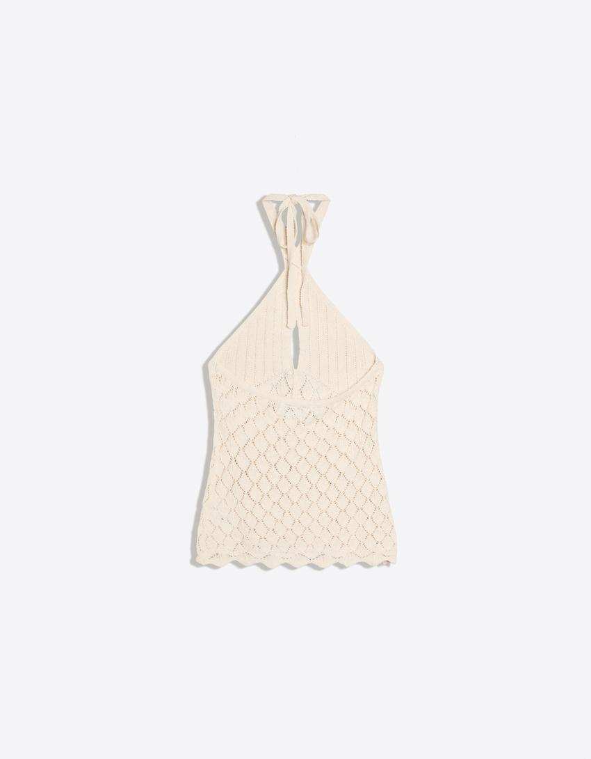 Open knit halter top-Cream