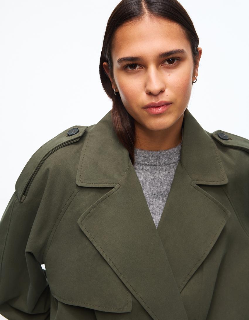 Cropped balloon-effect trench coat-Khaki