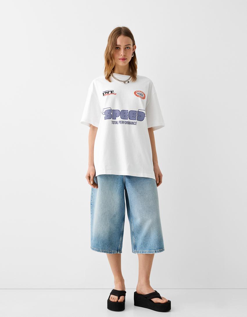 T-shirt manga curta boxy estampado-Branco-4