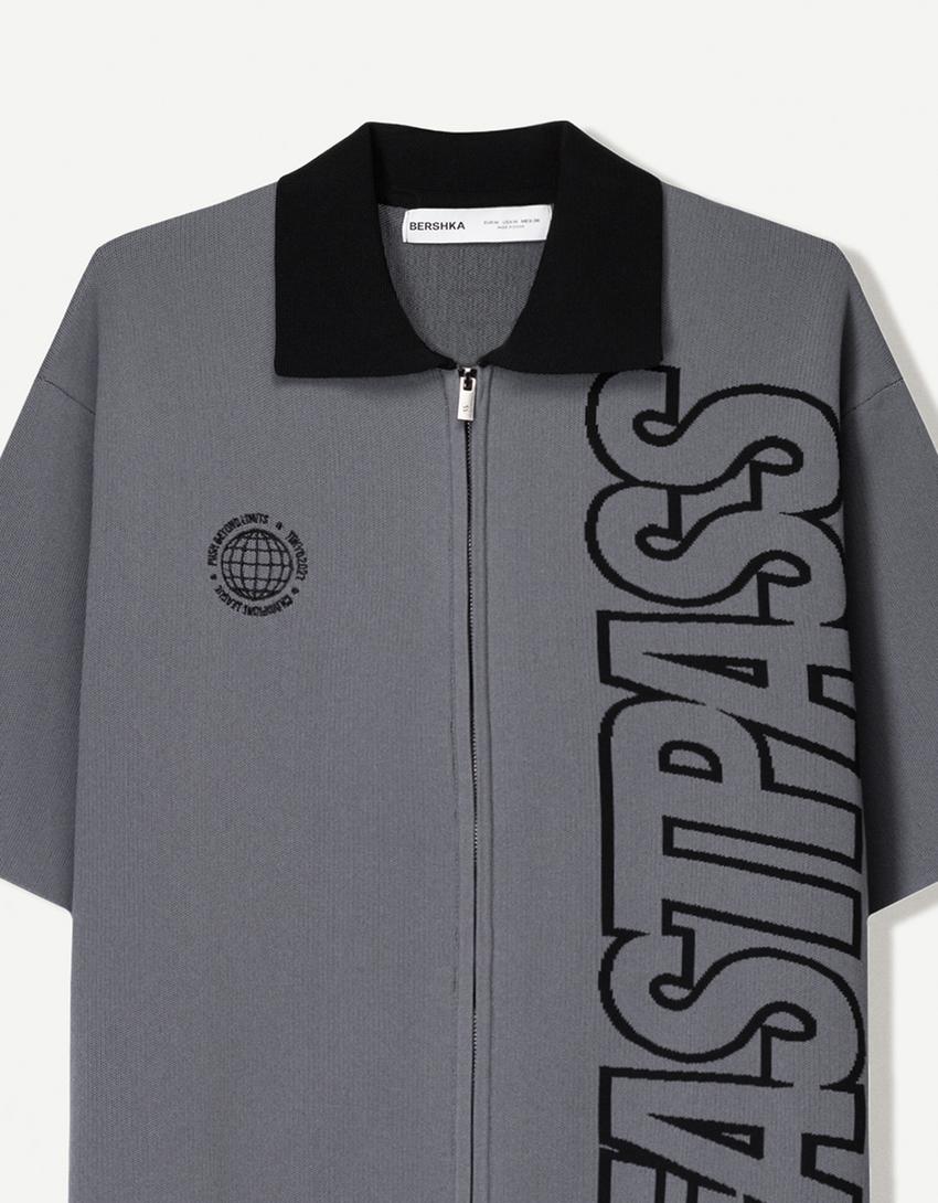 Printed short sleeve boxy fit shirt with zip-Dark grey-2