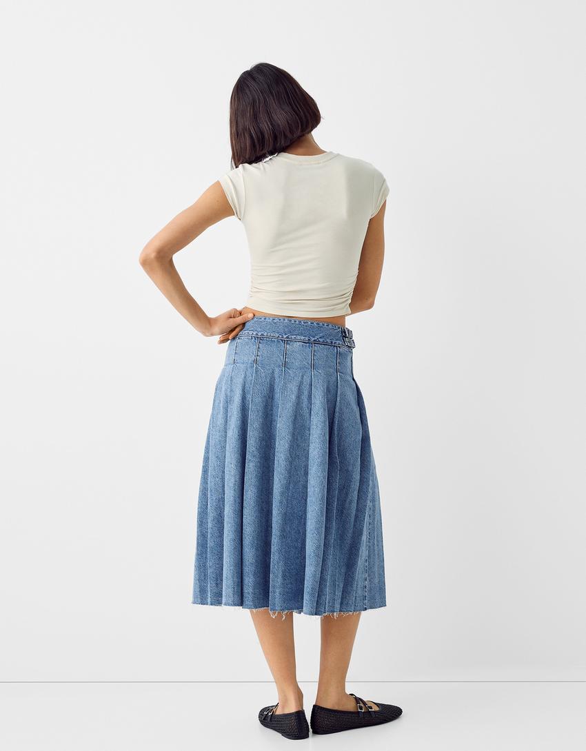Jupe-culotte denim midi plissée-Bleu lavé-2