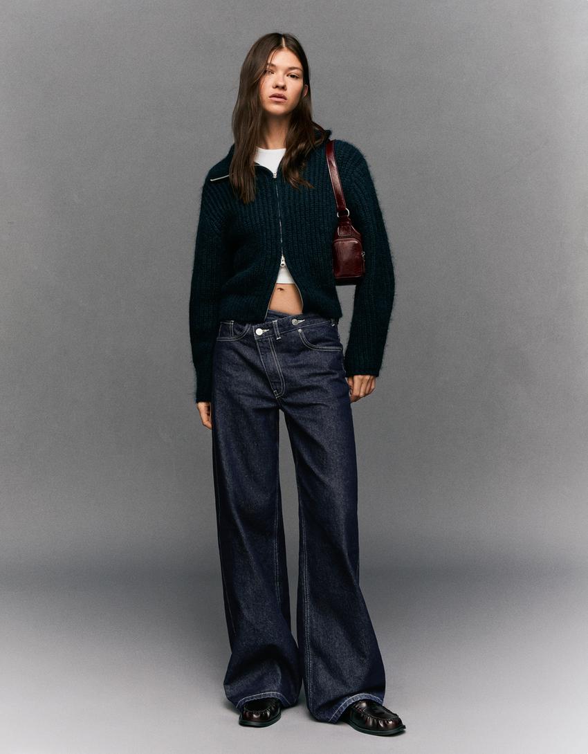 Jeans wide leg taille croisée-Marine