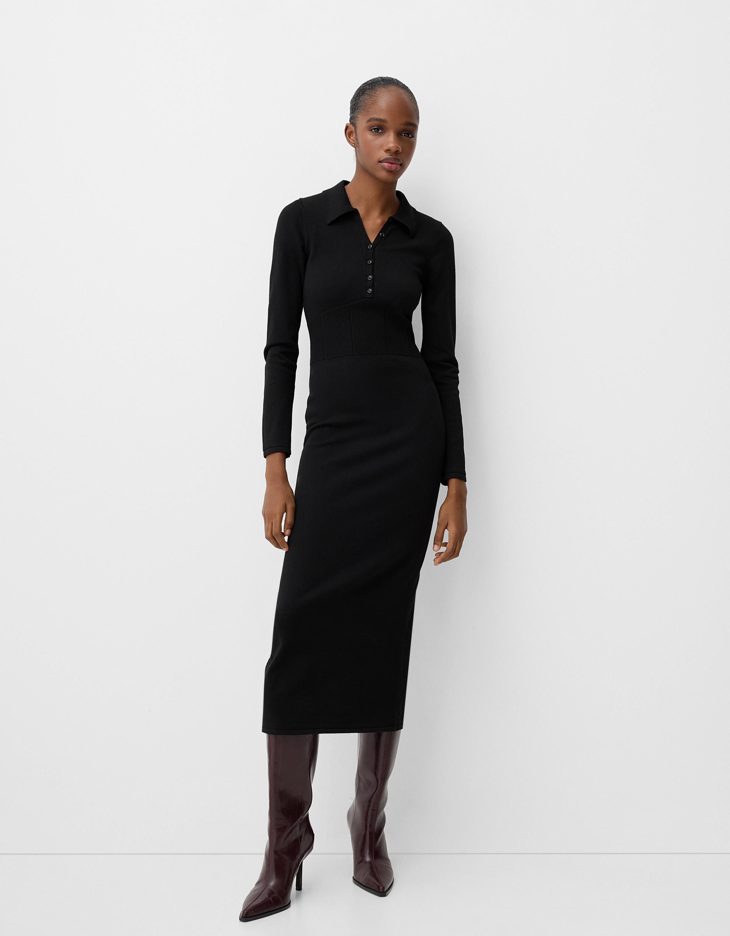 Bershka Midikleid Mit Polokragen Damen S Schwarz