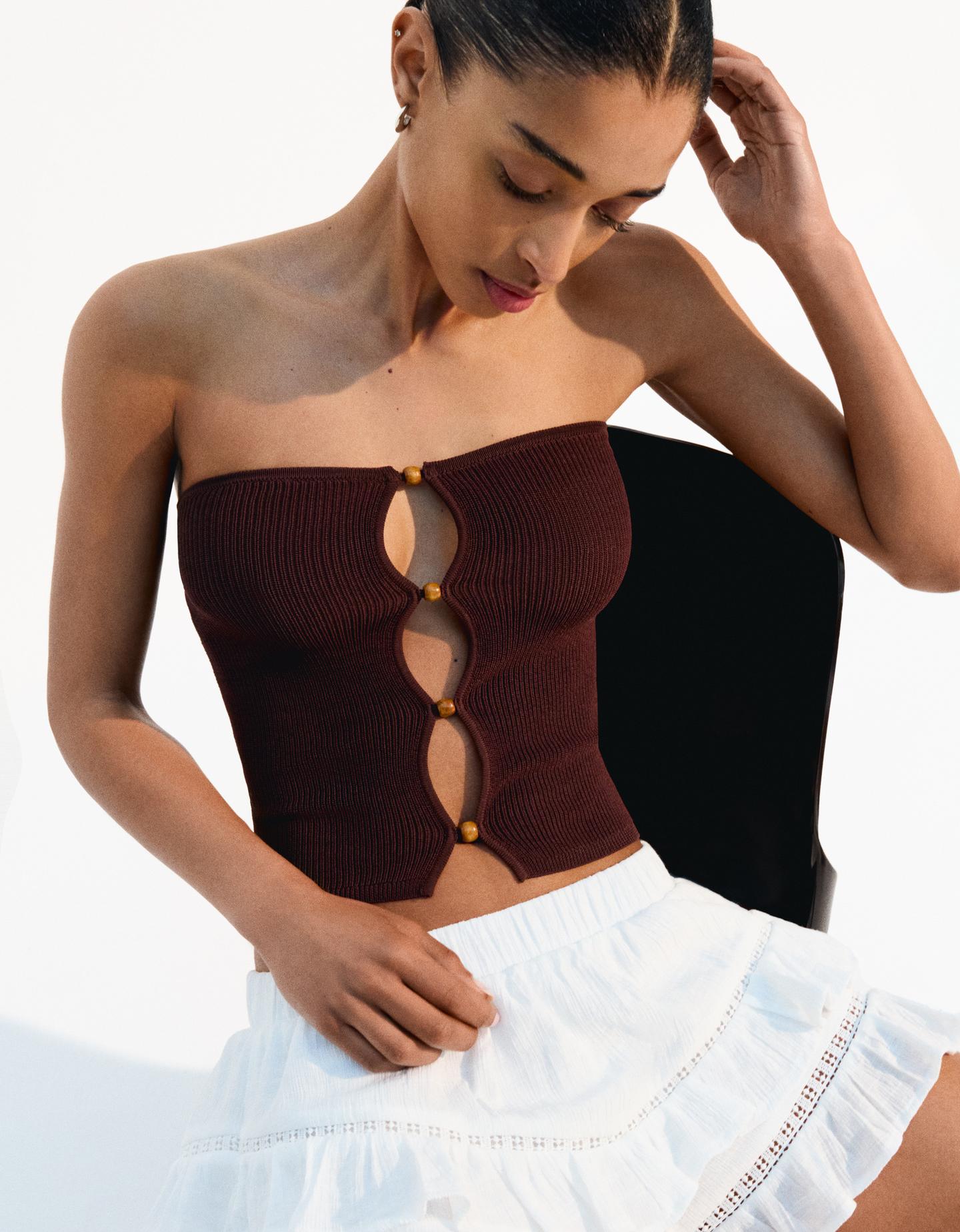 Bershka Top Bandeau Cut-Out Mujer M Marrón