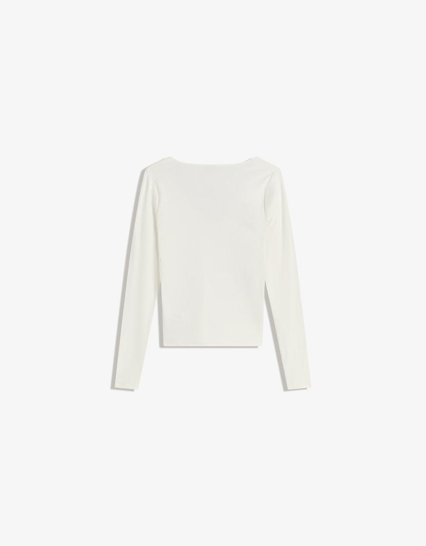 Camiseta manga larga cuello pico-Blanco roto
