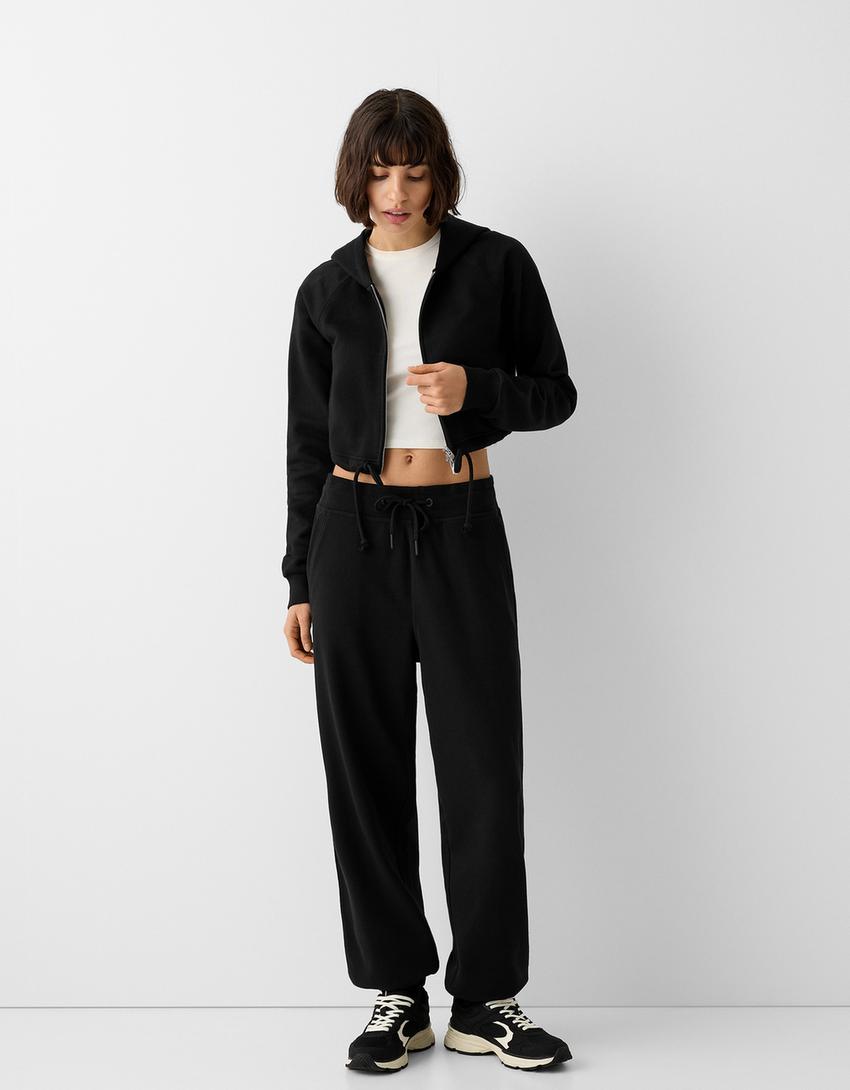 Cropped zip-up hoodie-Black-3