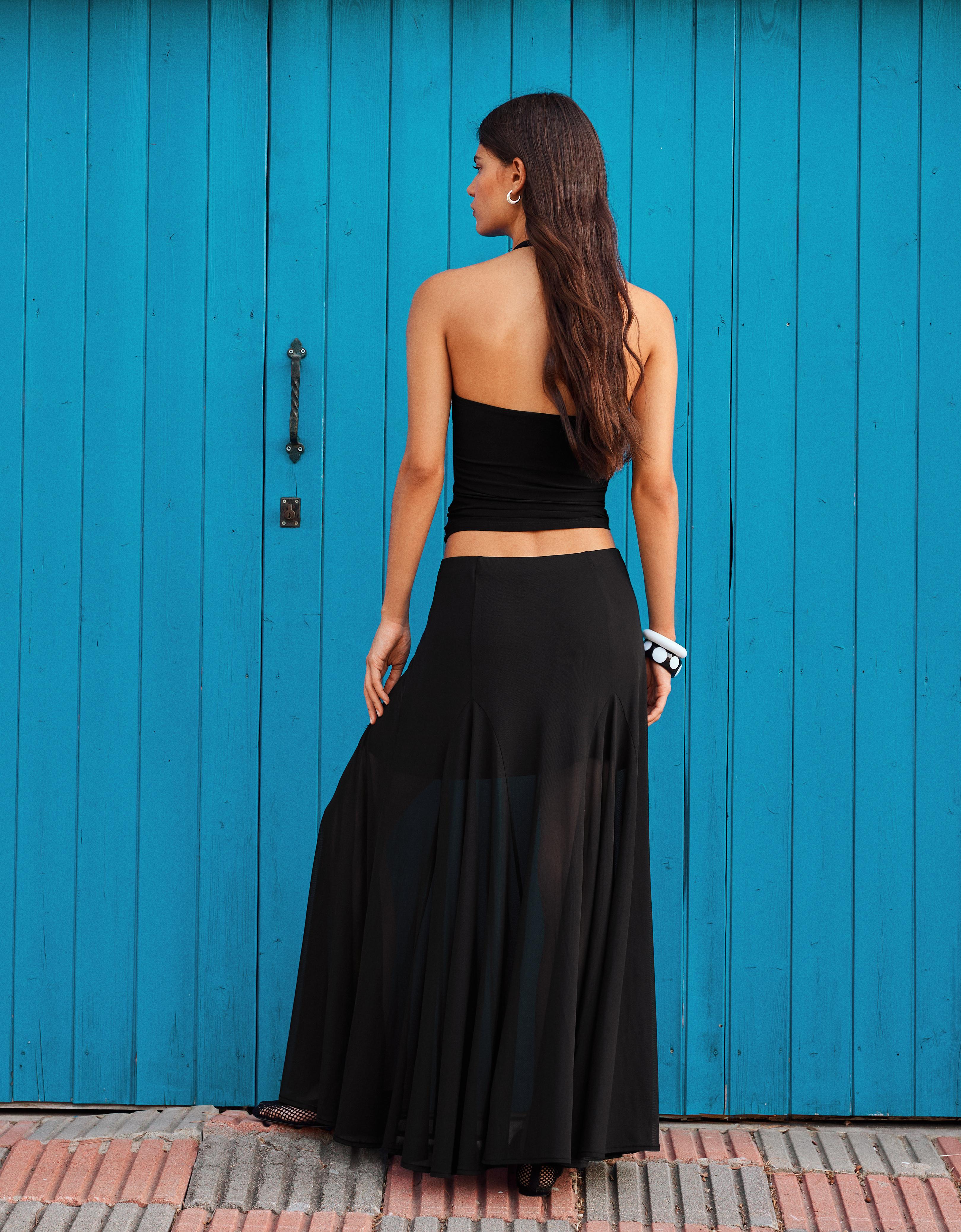 Polka dot mesh midi skirt — Black