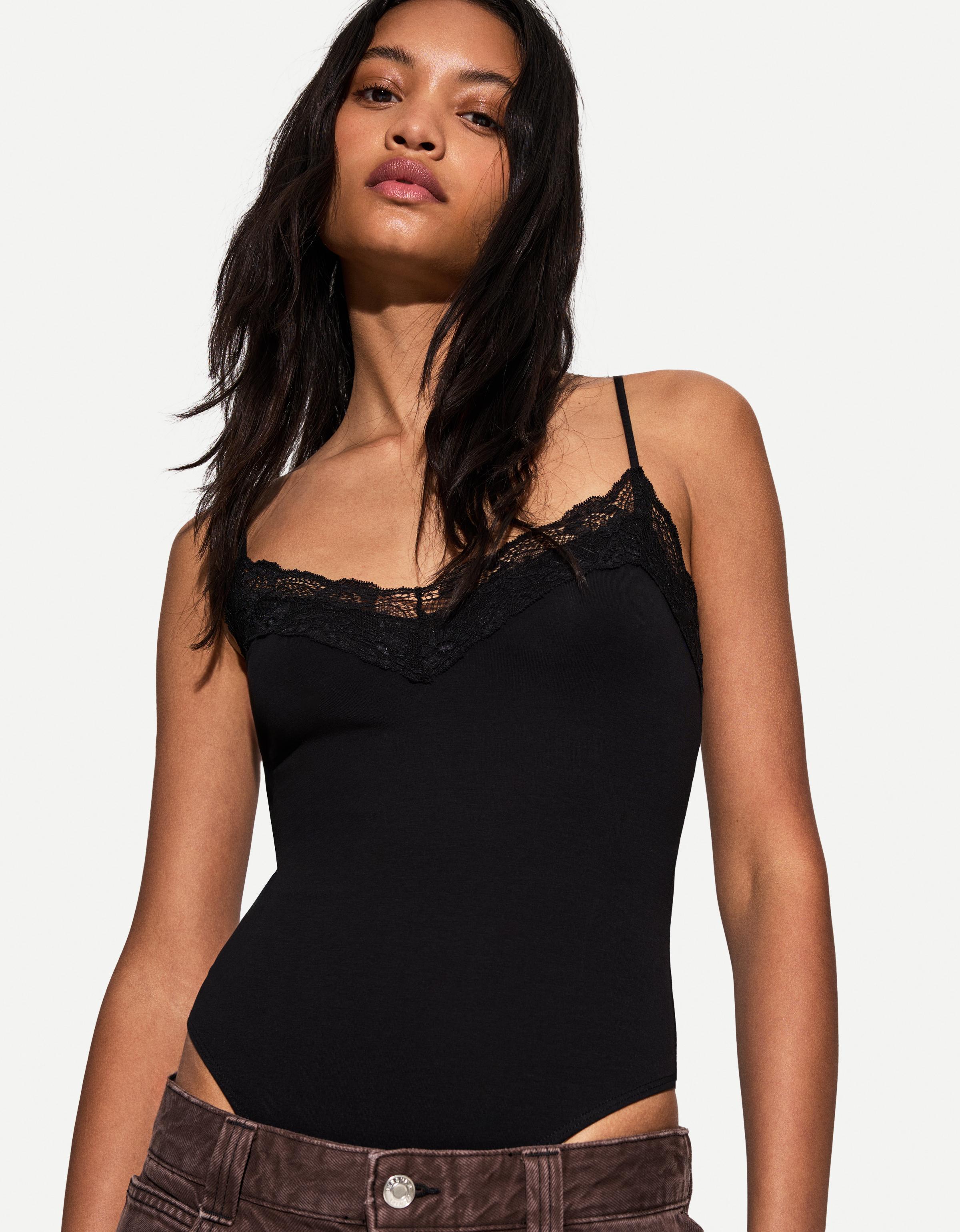 Bershka Body Mit Trägern Und Spitzenkante Damen S Schwarz