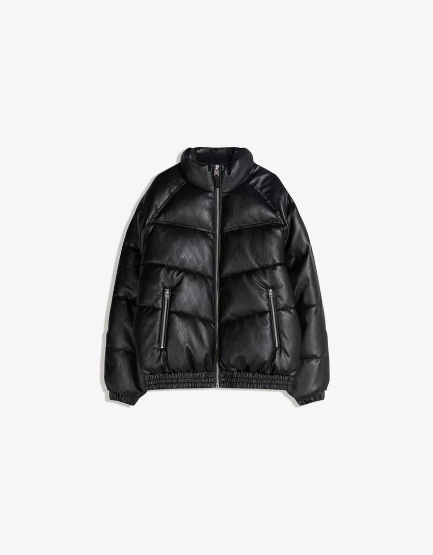 Puffy leather effect jacket-Black