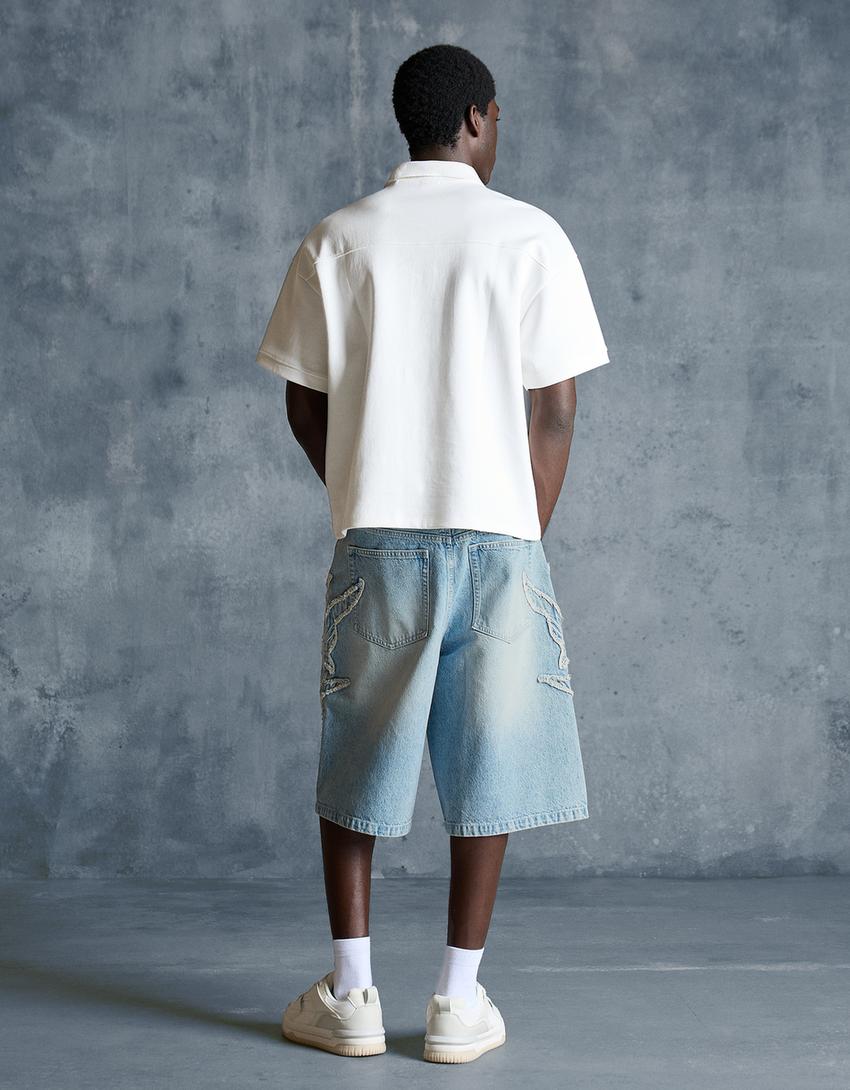 Yamalı baggy fit bermuda-Açık mavi