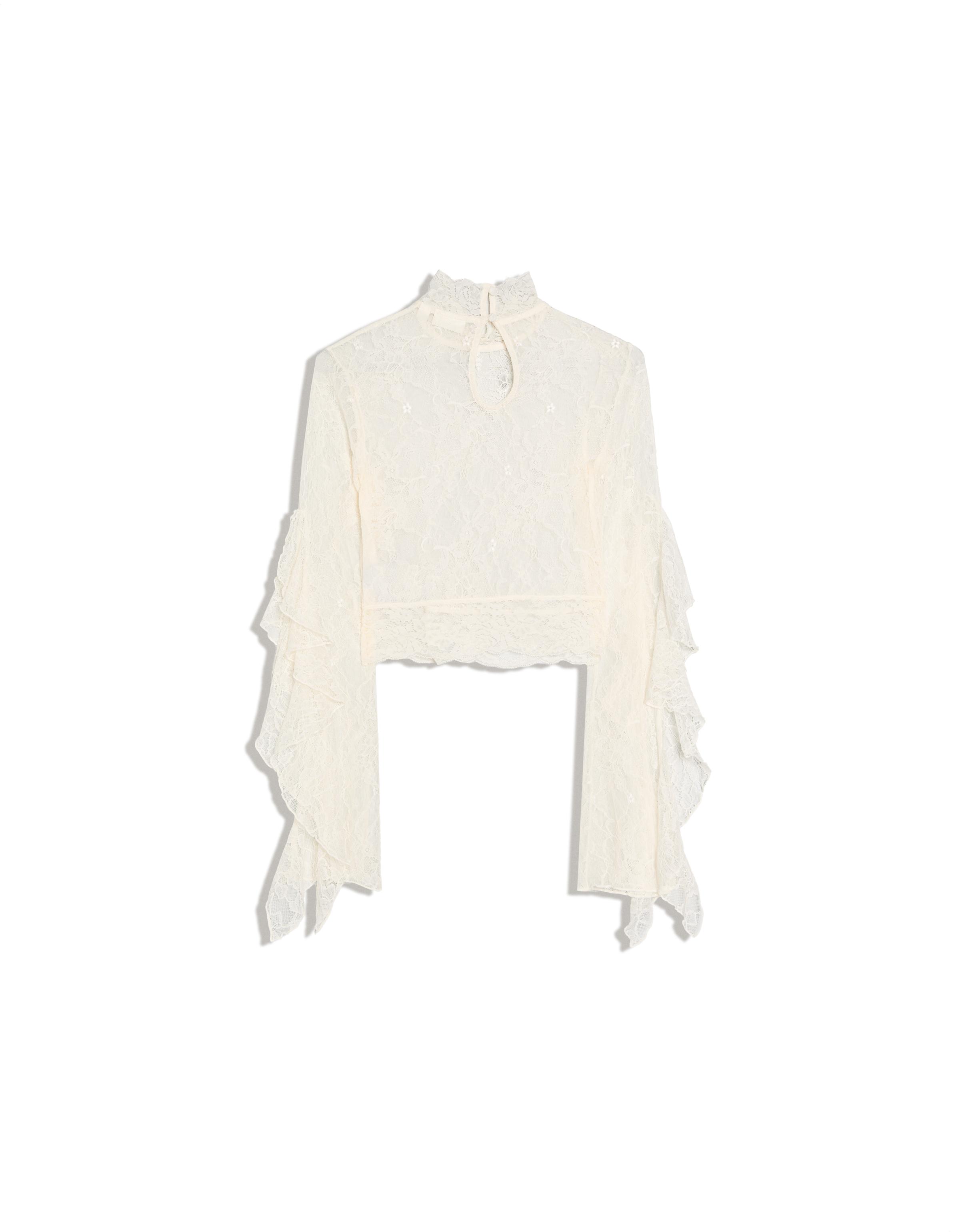 High-neck lace T-shirt with frill sleeves — Cream