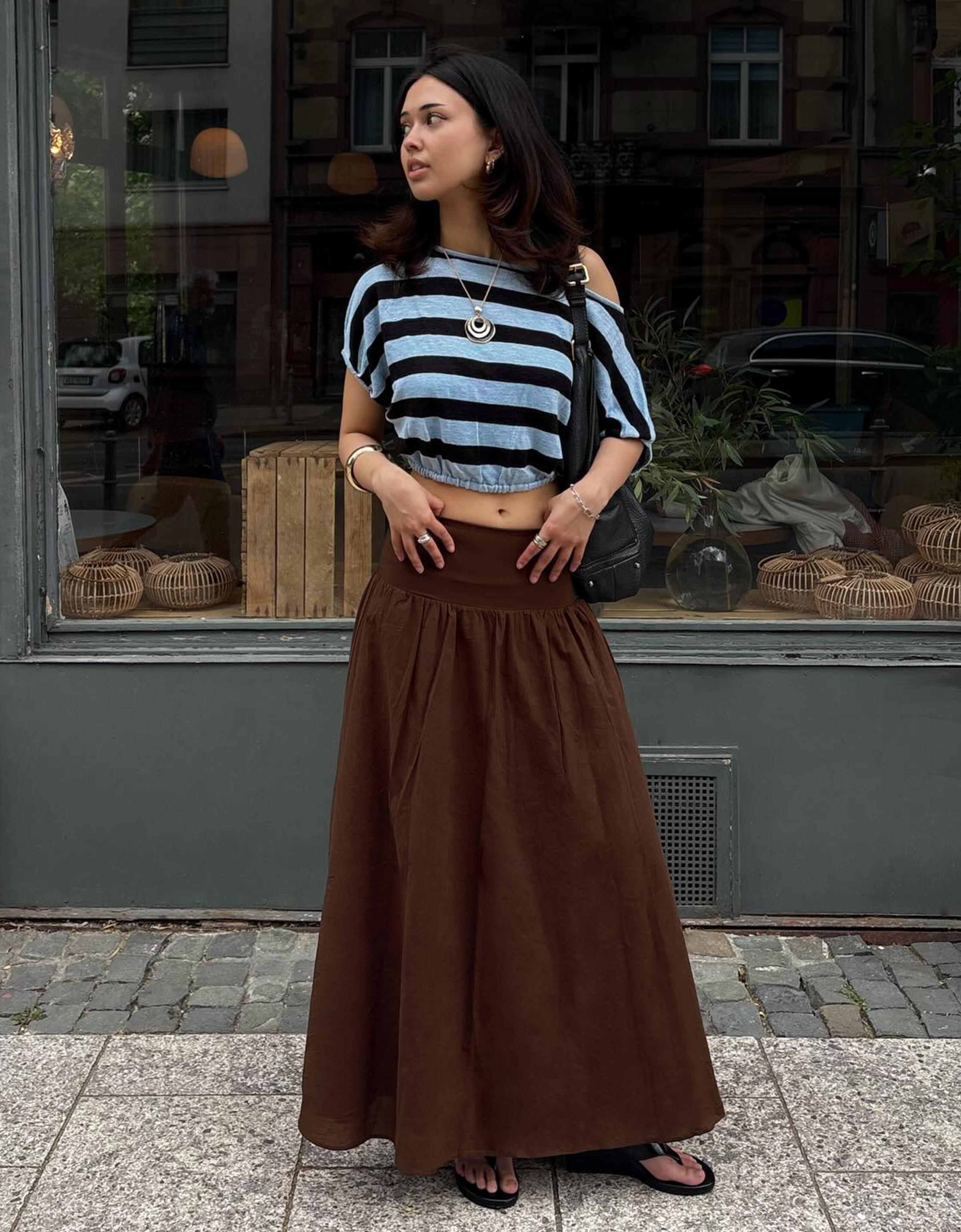 Bershka Falda Midi Fajín Mujer L Marrón