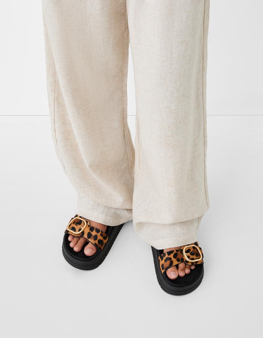 Calças direitas com linho cintura elástica-Cru-3