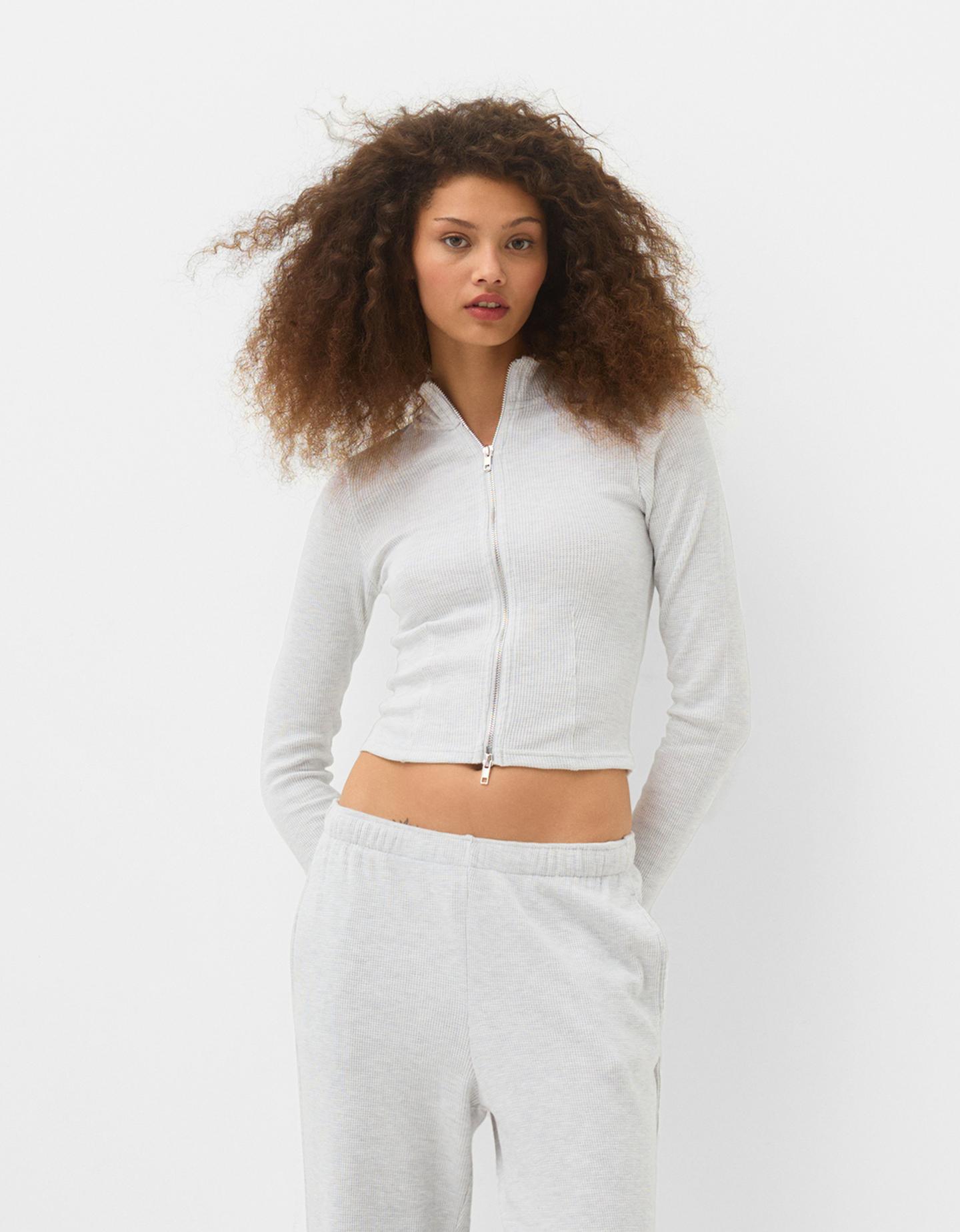 Bershka Sweatshirt Aus Waffelgewebe Mit Reißverschluss Damen S Grau günstig online kaufen