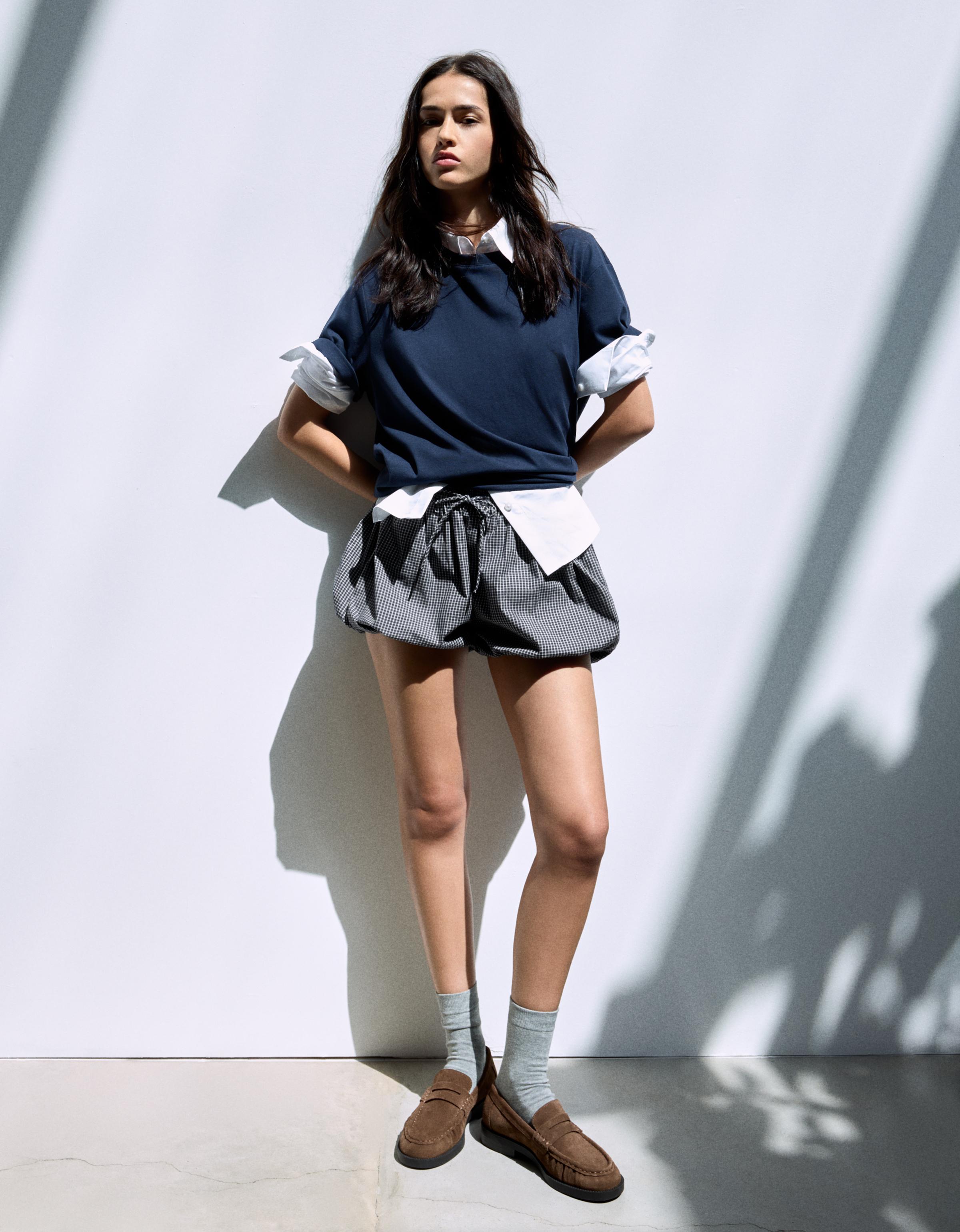 Bershka Falda Pantalón Globo Popelín Mujer Marino