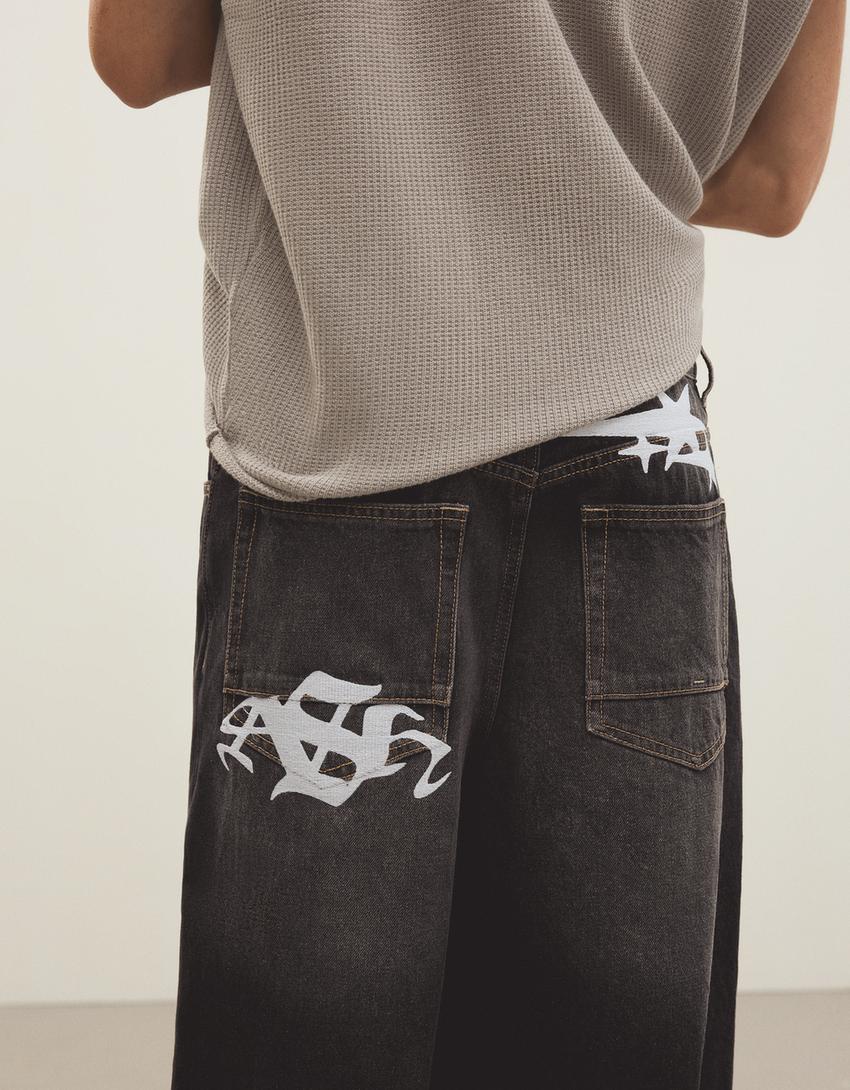 İşlemeli super baggy fit jean-Siyah