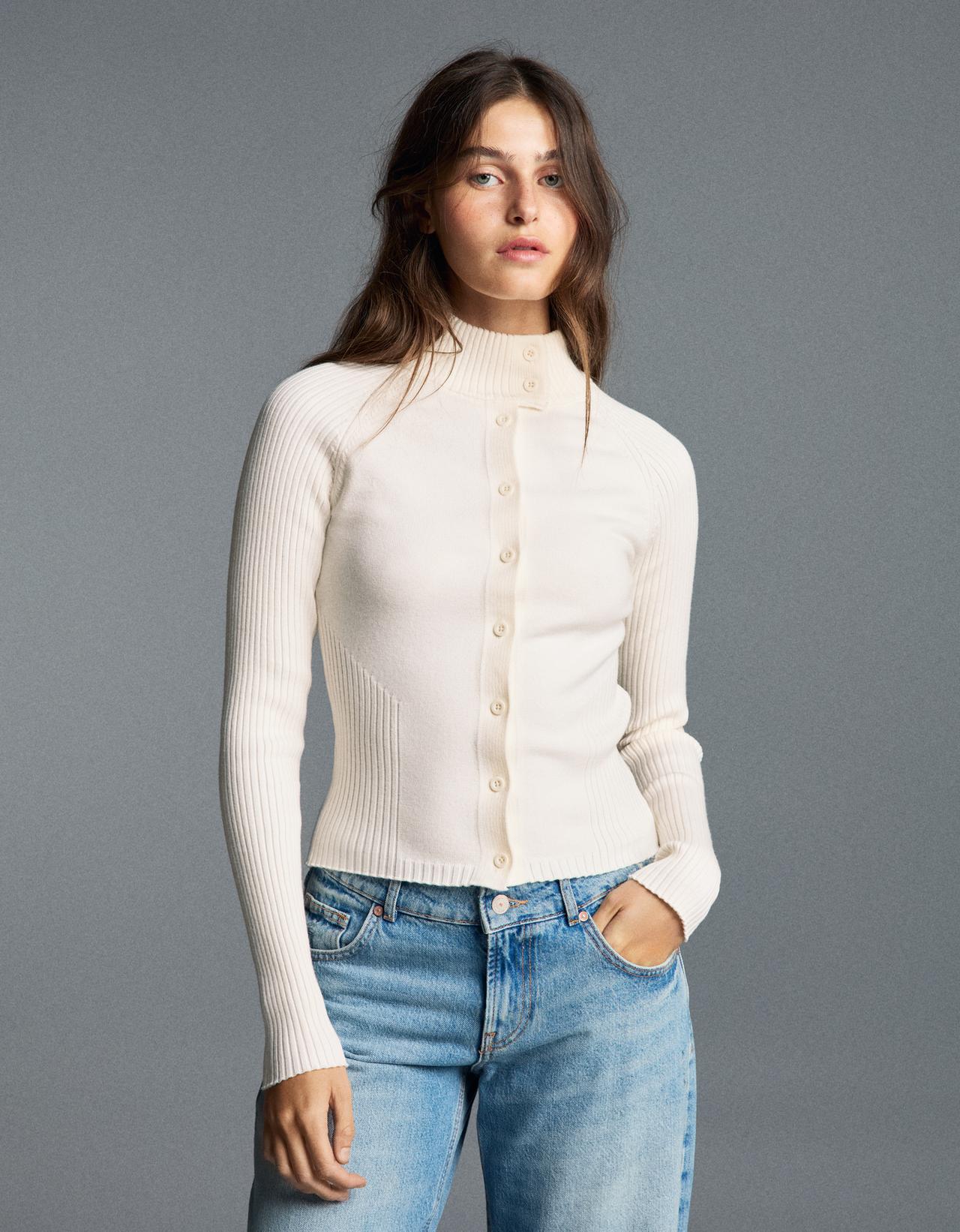 High-neck button cardigan — Cream