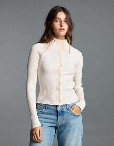 High-neck button cardigan — Cream 1