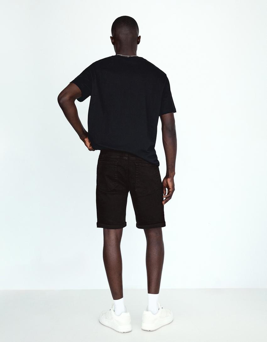 Roll-up denim Bermuda shorts-Black