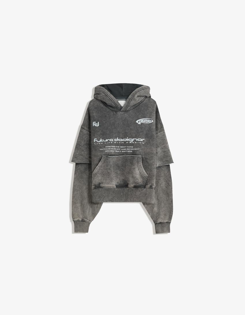 Double-sleeve print hoodie-Grey-4