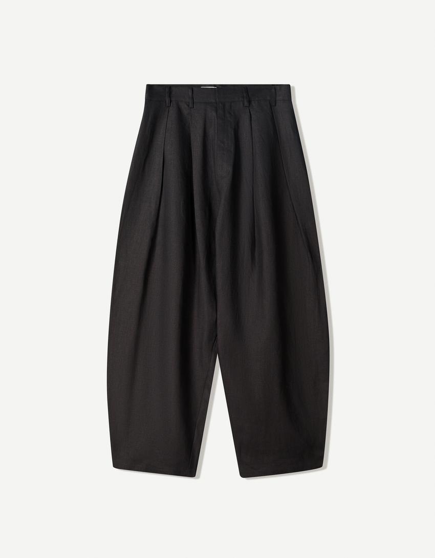 Calças balloon tailored fit com pinças em linho