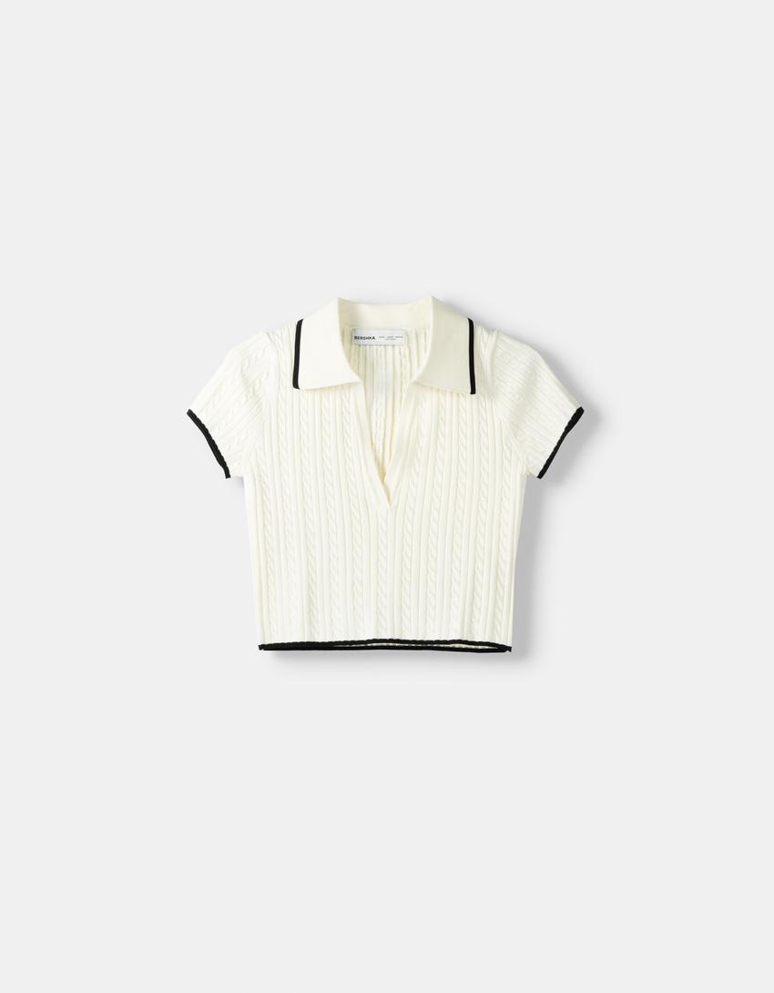 Short sleeve cable-knit polo collar sweater-Cream-4