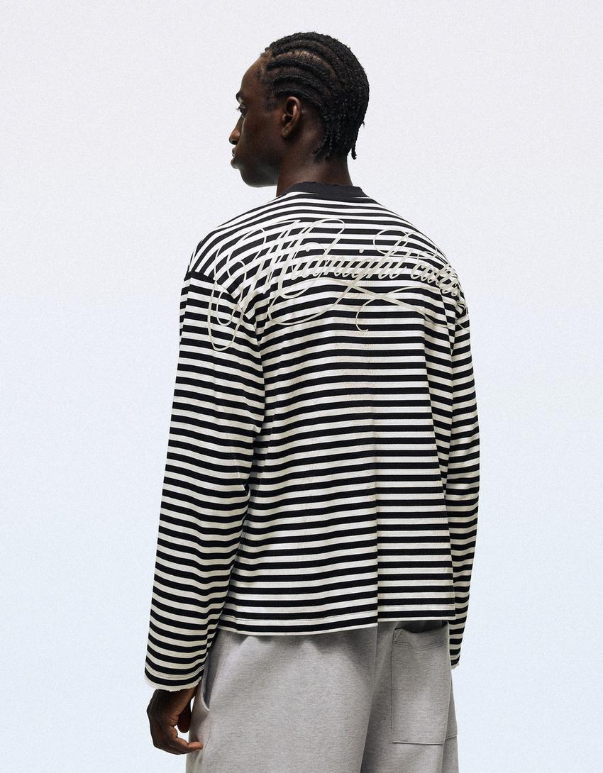 Striped long sleeve print T-shirt-White