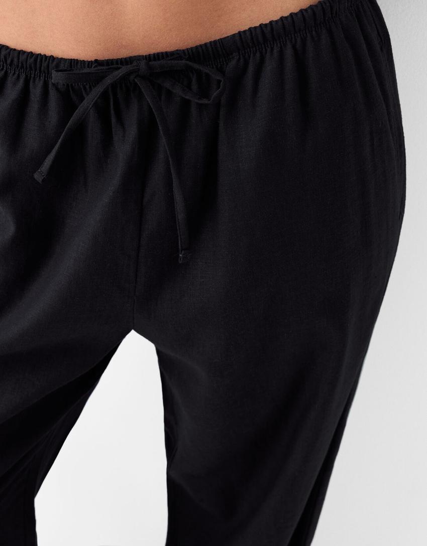 Straight-leg linen blend pants with an elastic waist-Black-5