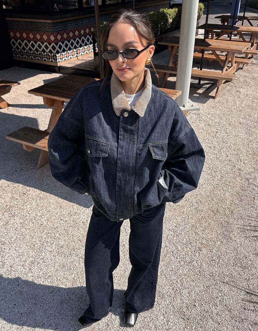 Oversize denim jacket with contrast collar-Navy