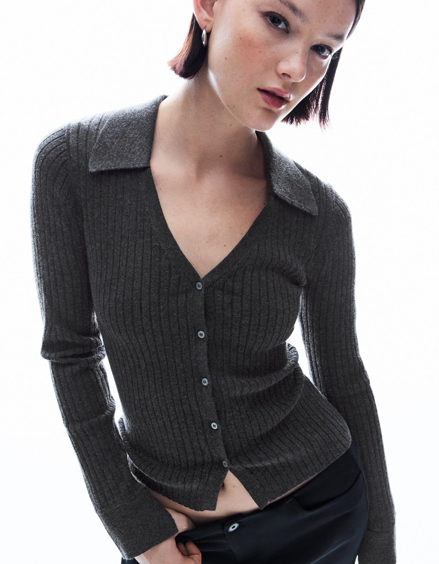 Bershka Cardigan A Costine Collo A Polo Donna L Grigio Scuro