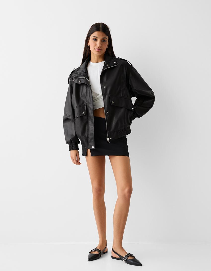 Faux leather dad fit jacket-Black-3